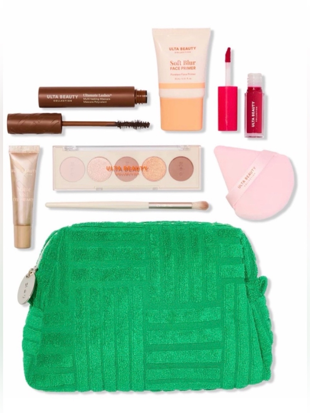 Ulta Beauty Green Makeup Pouch with 7 Makeup pieces